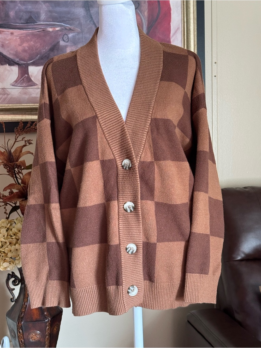 Pink Lily women’s Two-Tone Brown Checkered Button-Front Cardigan